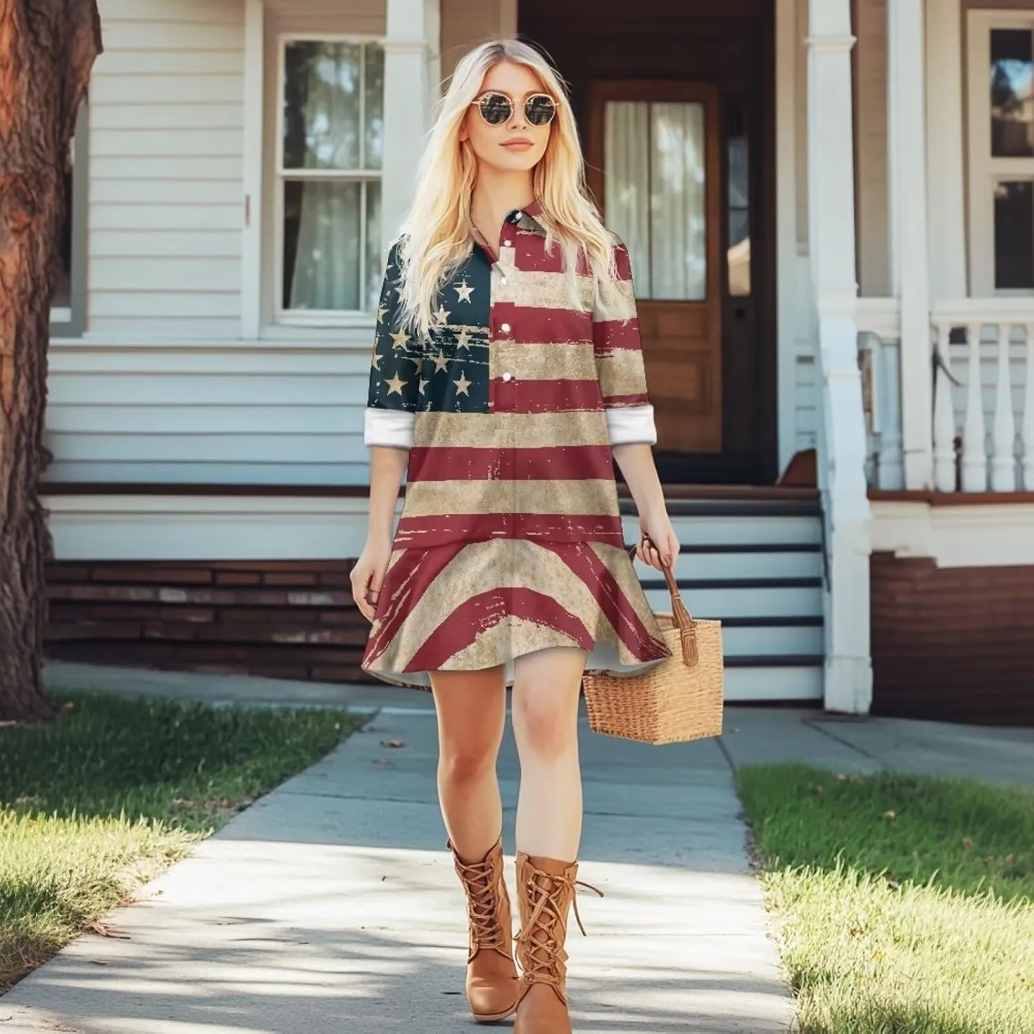 Women' s Button Down Shirt Mini Dress with Pockets Long Sleeve Loose Fit Short Dress Flowy Ruffle Hem Dresses