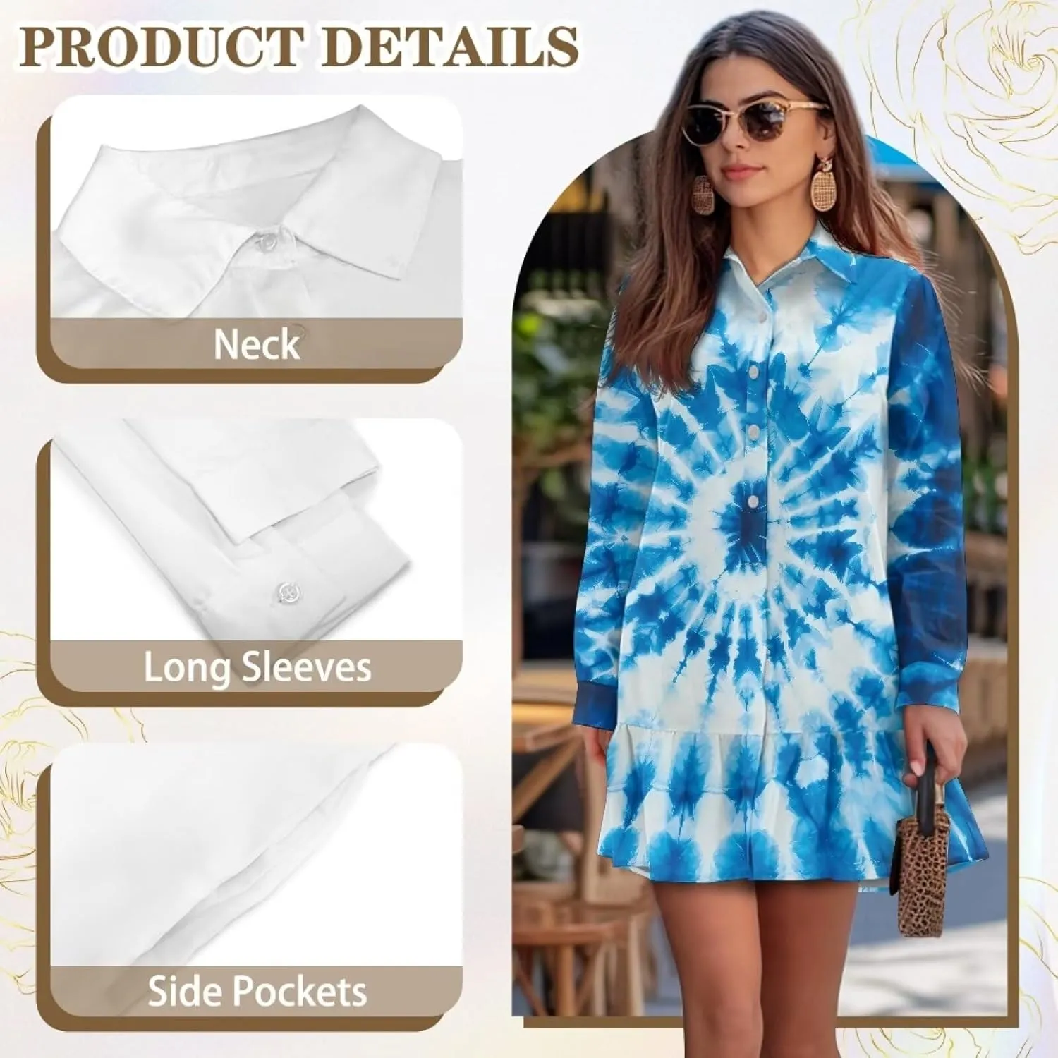 Women' s Button Down Shirt Mini Dress with Pockets Long Sleeve Loose Fit Short Dress Flowy Ruffle Hem Dresses
