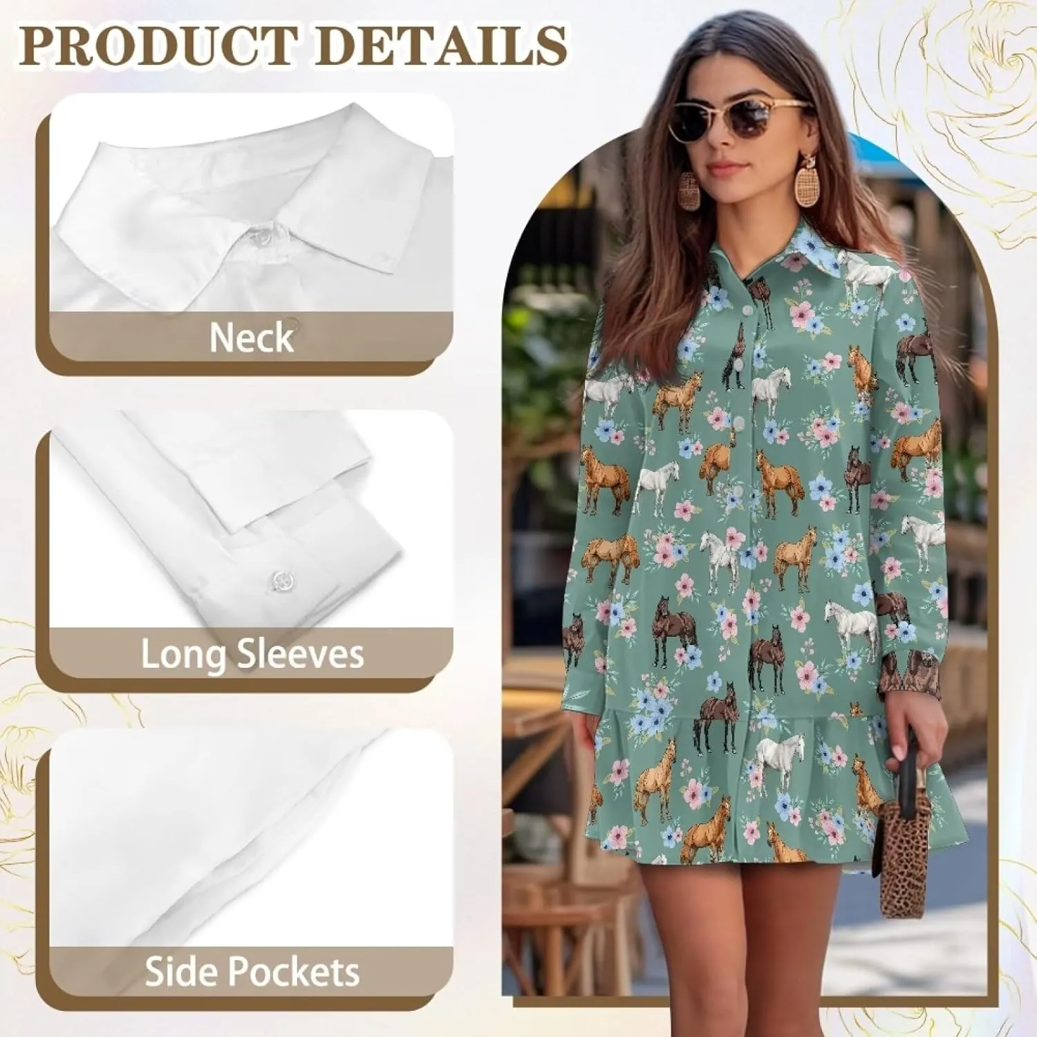 Women' s Button Down Shirt Mini Dress with Pockets Long Sleeve Loose Fit Short Dress Flowy Ruffle Hem Dresses