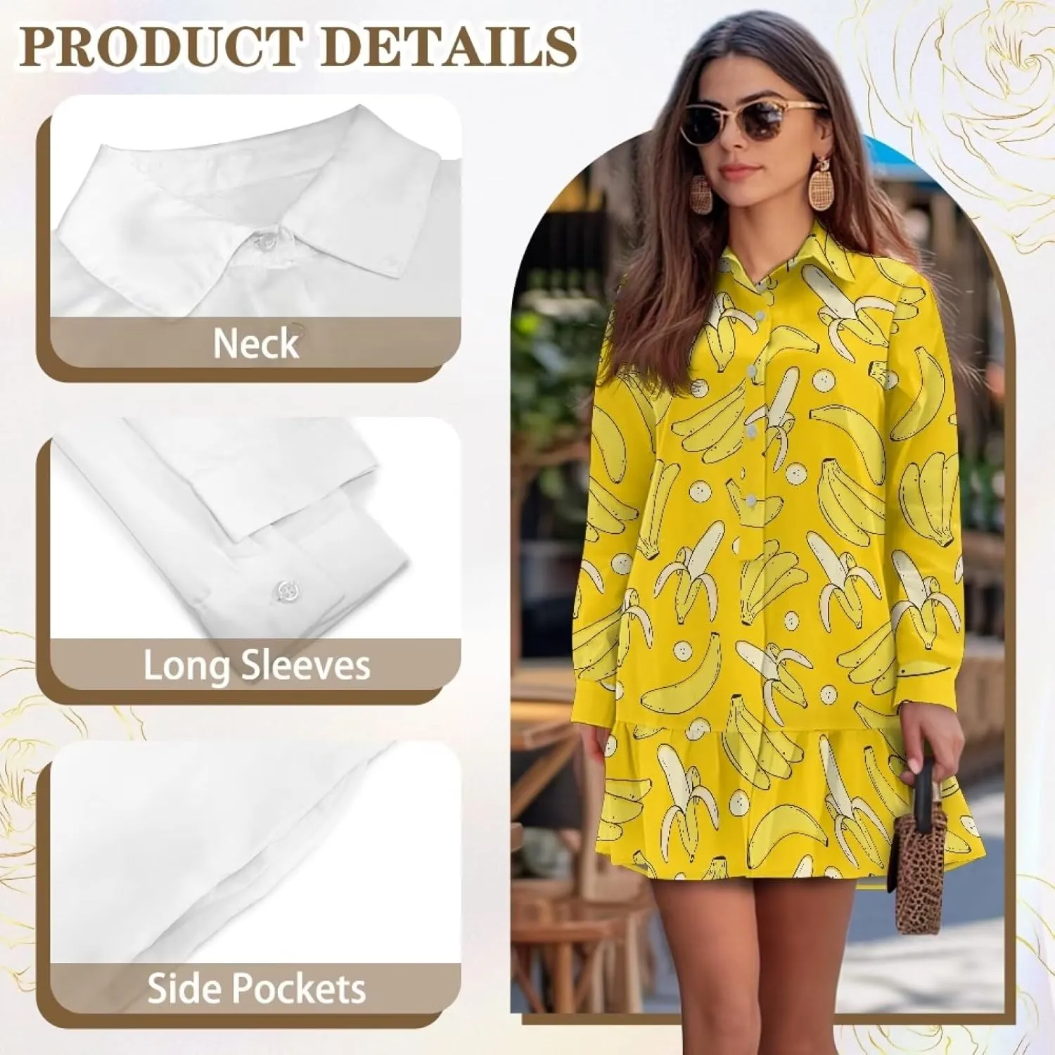 Women' s Button Down Shirt Mini Dress with Pockets Long Sleeve Loose Fit Short Dress Flowy Ruffle Hem Dresses