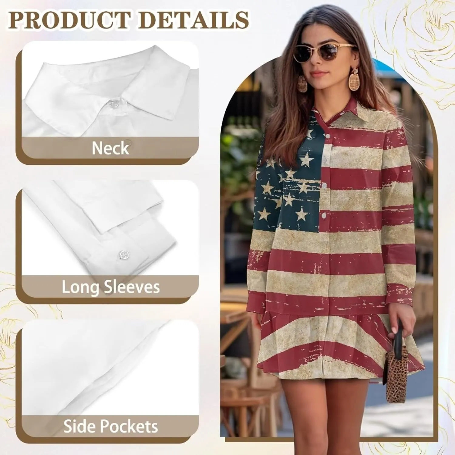 Women' s Button Down Shirt Mini Dress with Pockets Long Sleeve Loose Fit Short Dress Flowy Ruffle Hem Dresses