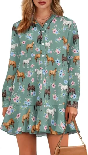 Women' s Button Down Shirt Mini Dress with Pockets Long Sleeve Loose Fit Short Dress Flowy Ruffle Hem Dresses