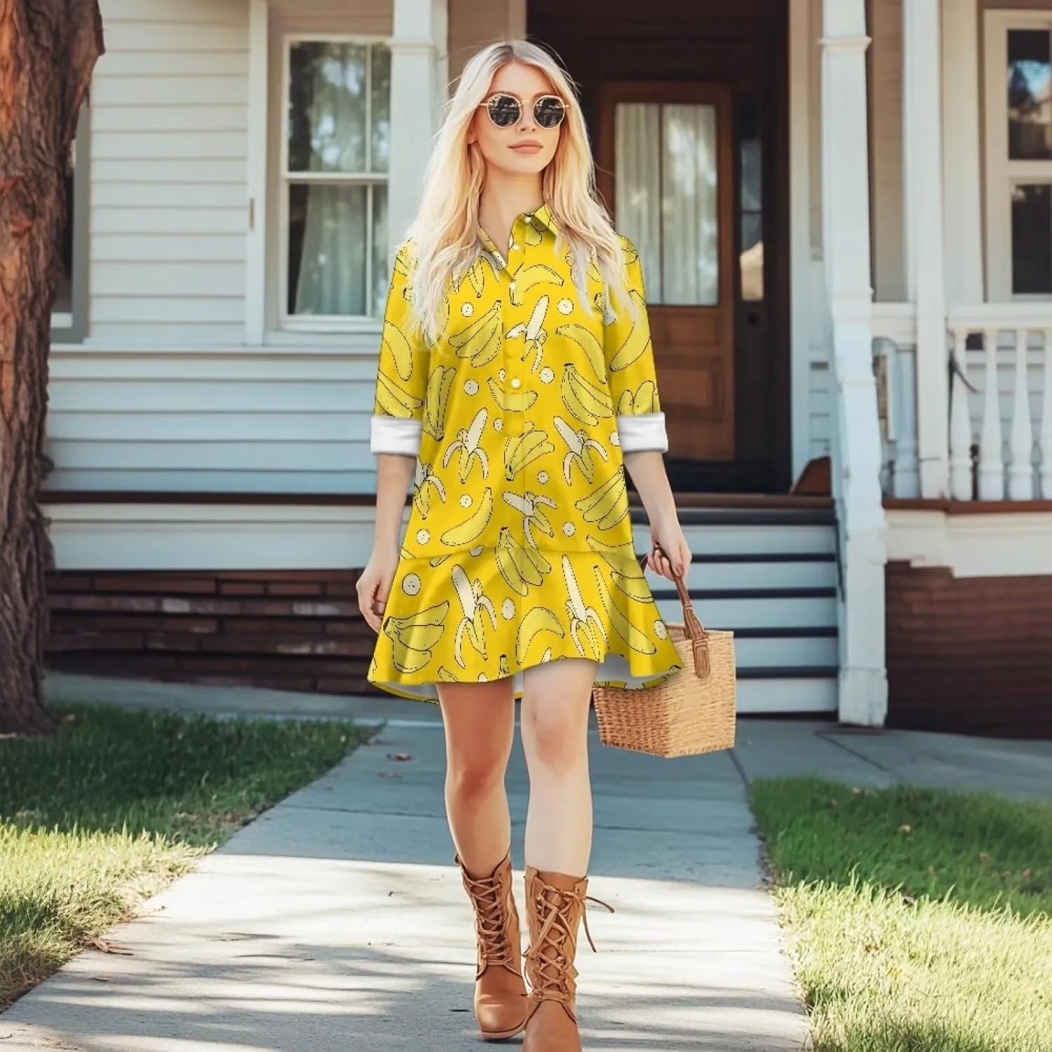 Women' s Button Down Shirt Mini Dress with Pockets Long Sleeve Loose Fit Short Dress Flowy Ruffle Hem Dresses