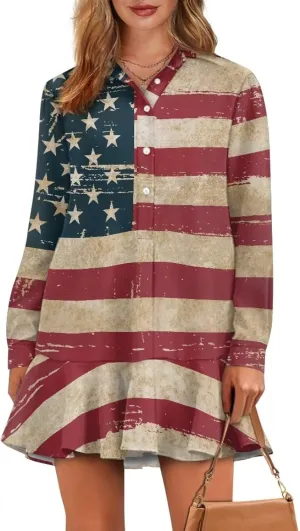 Women' s Button Down Shirt Mini Dress with Pockets Long Sleeve Loose Fit Short Dress Flowy Ruffle Hem Dresses