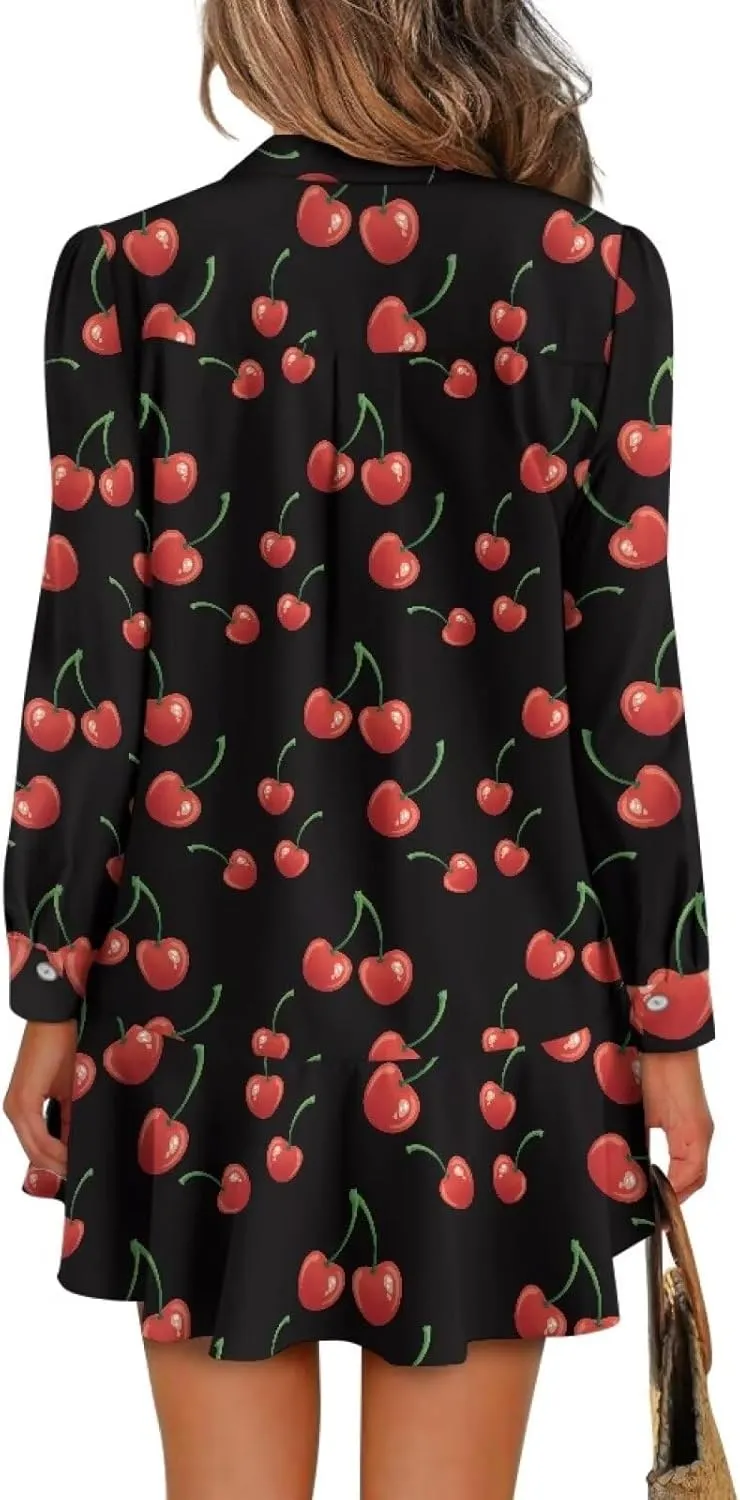 Women' s Button Down Shirt Mini Dress with Pockets Long Sleeve Loose Fit Short Dress Flowy Ruffle Hem Dresses