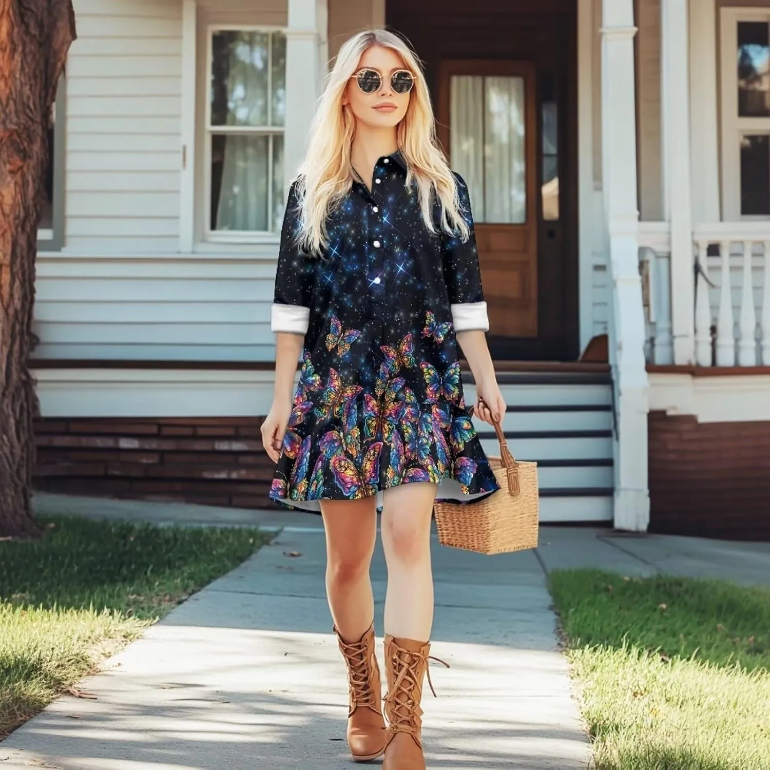 Women' s Button Down Shirt Mini Dress with Pockets Long Sleeve Loose Fit Short Dress Flowy Ruffle Hem Dresses