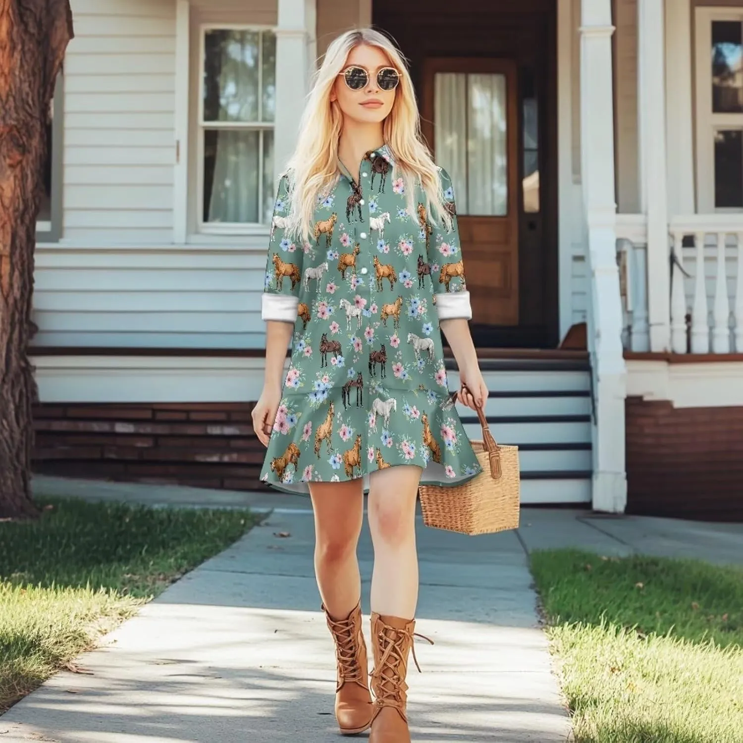 Women' s Button Down Shirt Mini Dress with Pockets Long Sleeve Loose Fit Short Dress Flowy Ruffle Hem Dresses