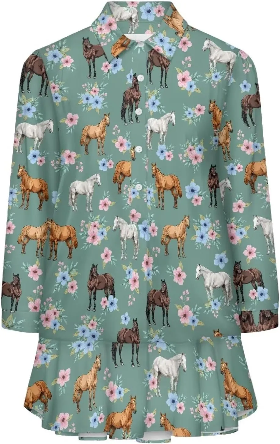 Women' s Button Down Shirt Mini Dress with Pockets Long Sleeve Loose Fit Short Dress Flowy Ruffle Hem Dresses