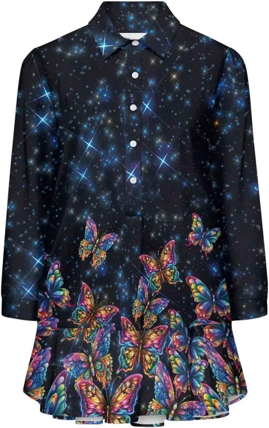 Women' s Button Down Shirt Mini Dress with Pockets Long Sleeve Loose Fit Short Dress Flowy Ruffle Hem Dresses