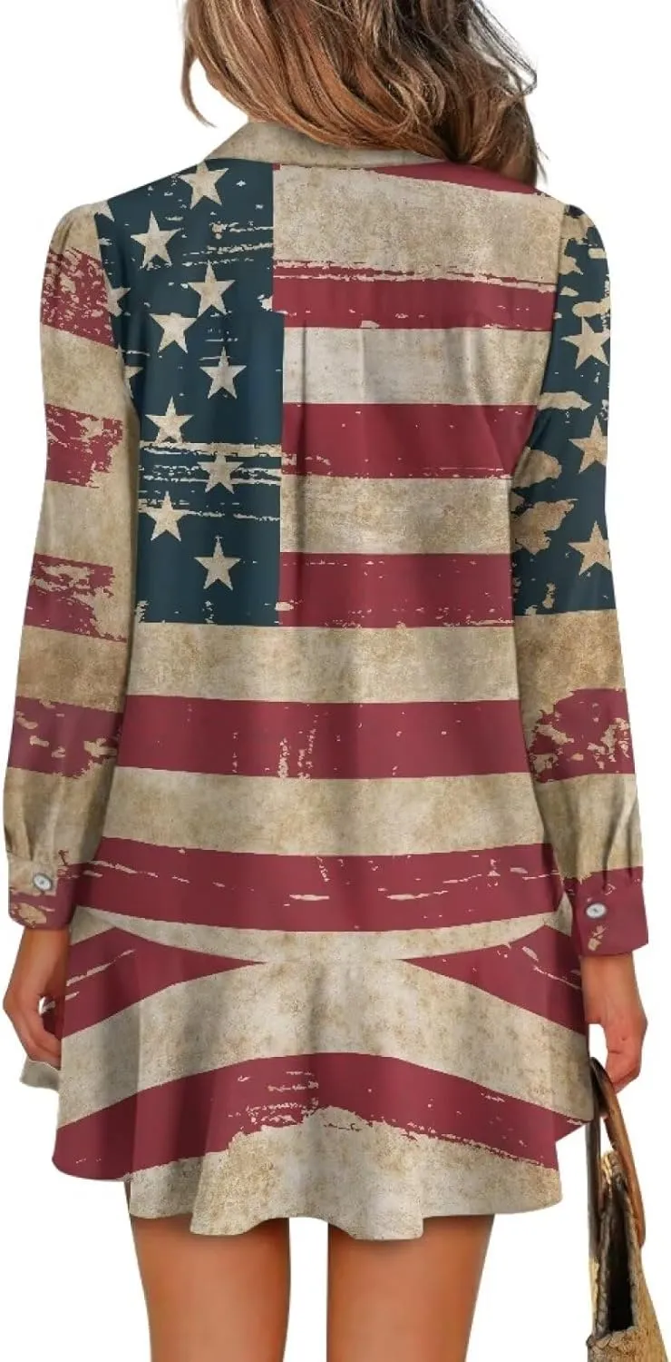 Women' s Button Down Shirt Mini Dress with Pockets Long Sleeve Loose Fit Short Dress Flowy Ruffle Hem Dresses