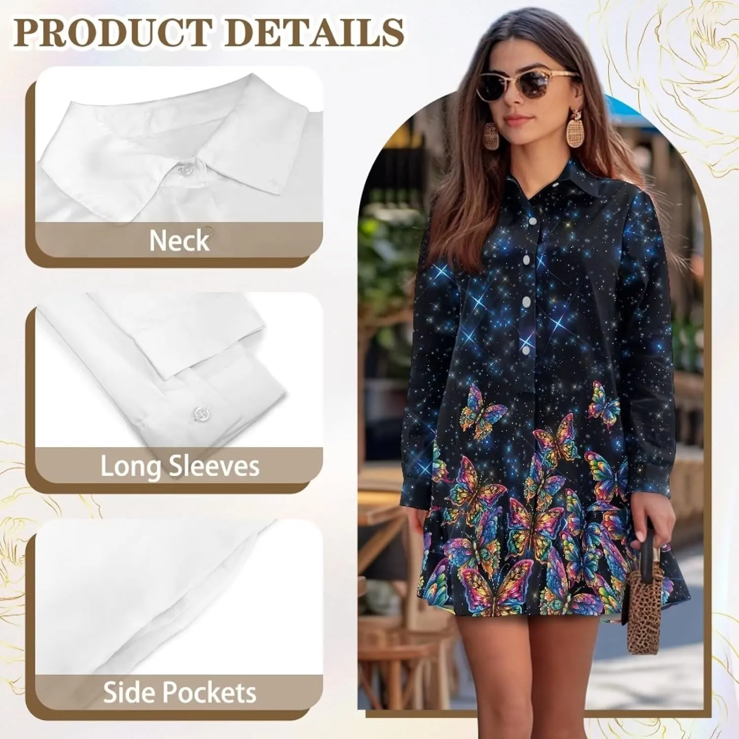 Women' s Button Down Shirt Mini Dress with Pockets Long Sleeve Loose Fit Short Dress Flowy Ruffle Hem Dresses