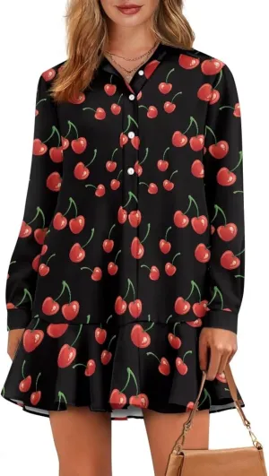 Women' s Button Down Shirt Mini Dress with Pockets Long Sleeve Loose Fit Short Dress Flowy Ruffle Hem Dresses