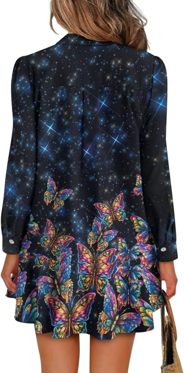 Women' s Button Down Shirt Mini Dress with Pockets Long Sleeve Loose Fit Short Dress Flowy Ruffle Hem Dresses