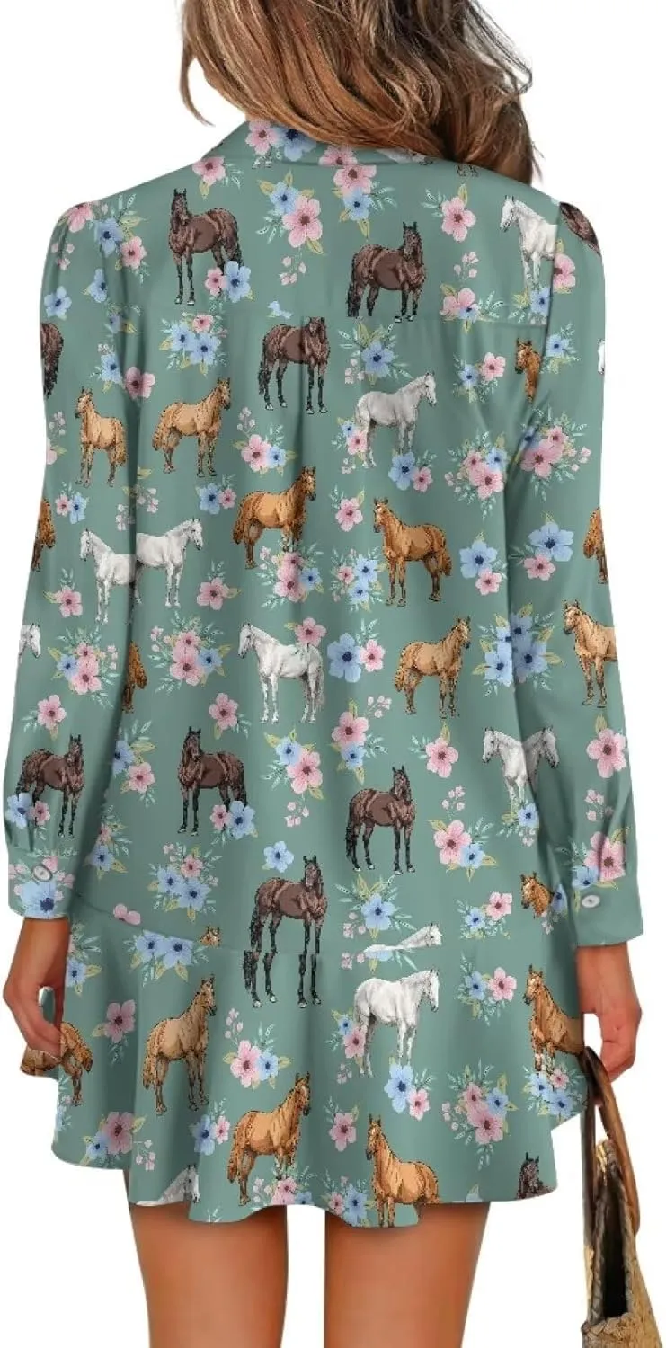 Women' s Button Down Shirt Mini Dress with Pockets Long Sleeve Loose Fit Short Dress Flowy Ruffle Hem Dresses
