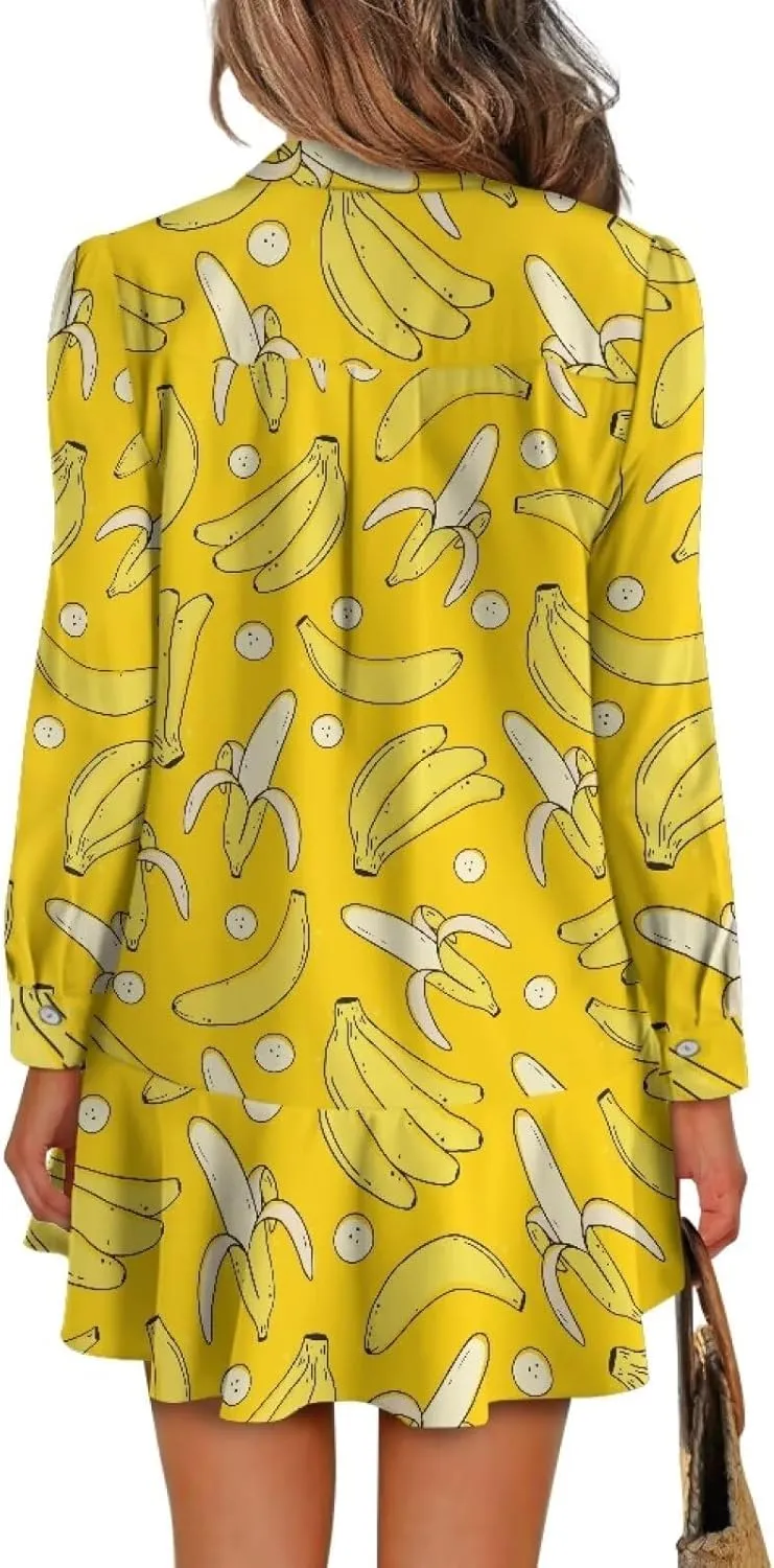Women' s Button Down Shirt Mini Dress with Pockets Long Sleeve Loose Fit Short Dress Flowy Ruffle Hem Dresses