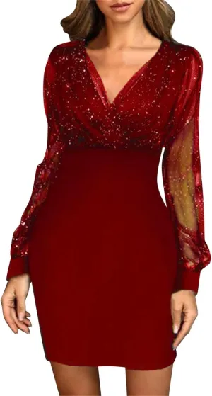 Women Sexy Sequin Dresses V Neck Mesh Long Sleeve Bodycon Dress 2023 Trendy Party Night Out Club Midi Dresses