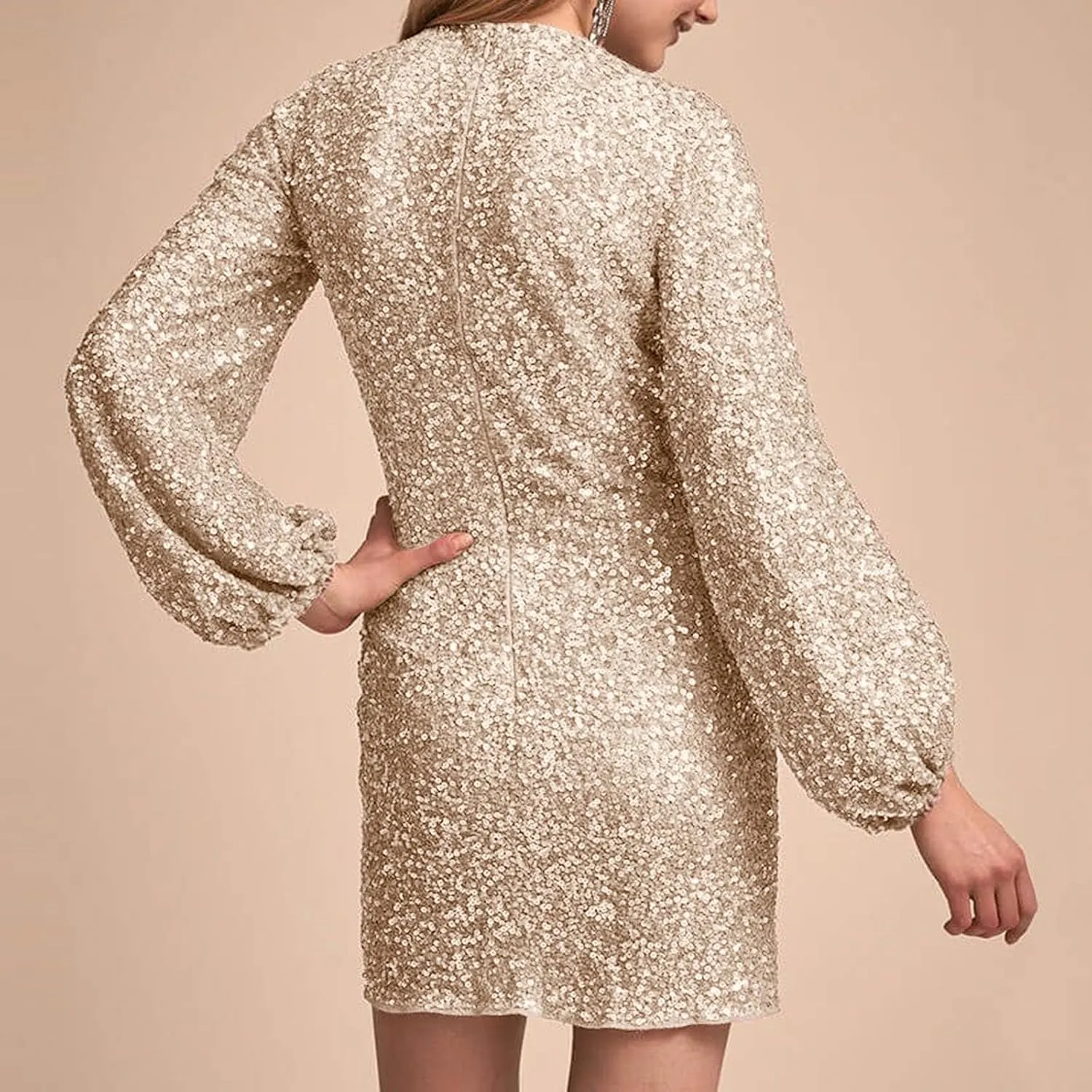 Women Sexy Sequin Dresses V Neck Mesh Long Sleeve Bodycon Dress 2023 Trendy Party Night Out Club Midi Dresses