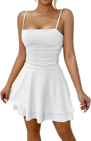 Women Strapless Tube Mini Dress Sexy Ruched Waist Ruffle Sleeveless Backless Tiered Layered Ruffle Hem A-Line Short Dress