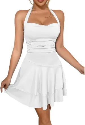 Women Strapless Tube Mini Dress Sexy Ruched Waist Ruffle Sleeveless Backless Tiered Layered Ruffle Hem A-Line Short Dress