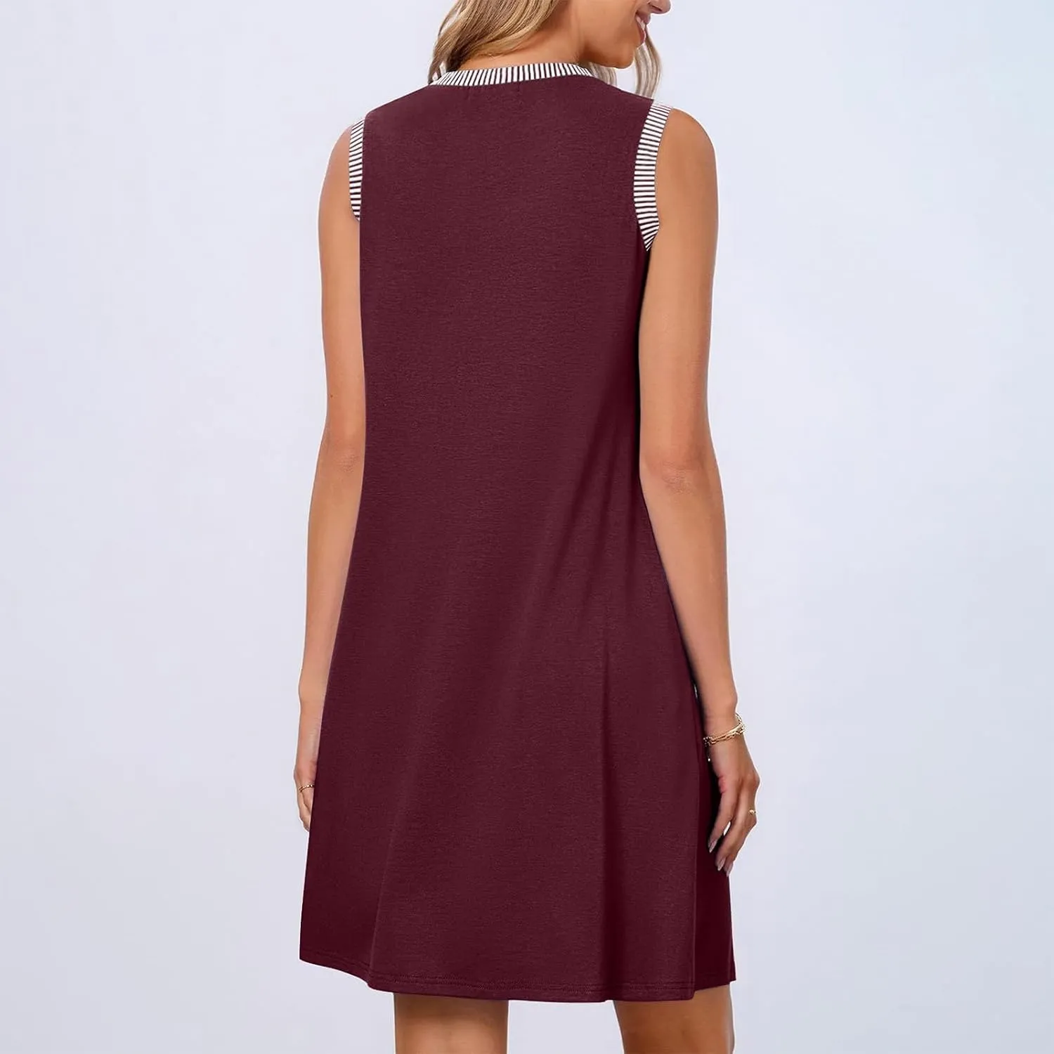 Women Summer Casual Dress 2025 Sleeveless Solid Color Tank Sundress Round Neck A Line Pleated Trendy Tshirt Dress
