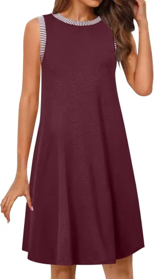 Women Summer Casual Dress 2025 Sleeveless Solid Color Tank Sundress Round Neck A Line Pleated Trendy Tshirt Dress
