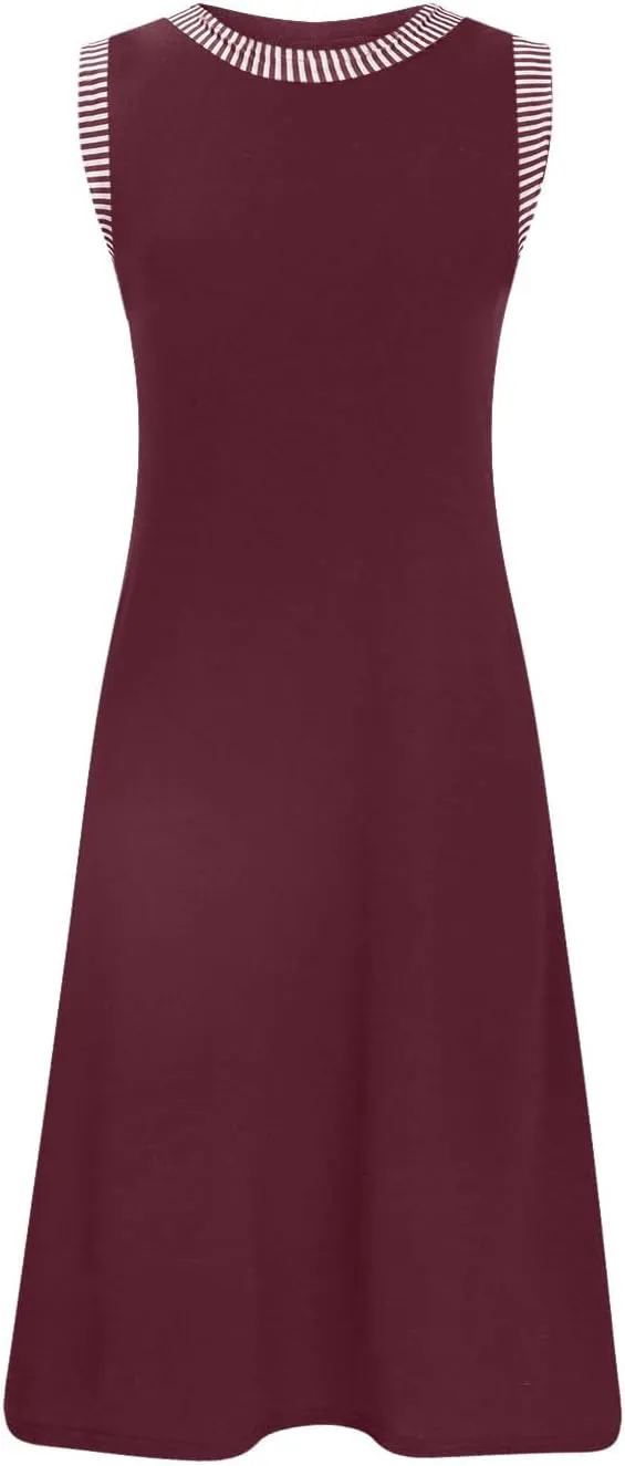 Women Summer Casual Dress 2025 Sleeveless Solid Color Tank Sundress Round Neck A Line Pleated Trendy Tshirt Dress