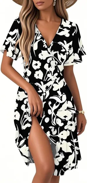 Women Summer Dresses 2025 Short Sleeve V Neck Tiered Ruffle Boho Swing Dress A-Line Floral Mini Dresses
