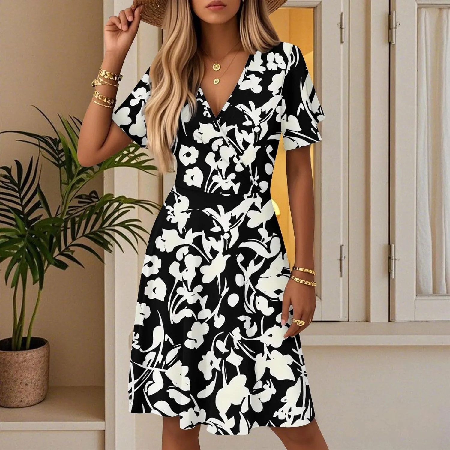Women Summer Dresses 2025 Short Sleeve V Neck Tiered Ruffle Boho Swing Dress A-Line Floral Mini Dresses