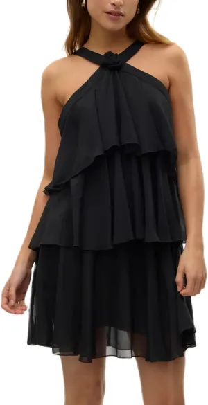 Women Y2K Ruffle Tiered Mini Dress Halter Layered Chiffon Short Dress Cute Smocked A Line Midi Dresses Beach