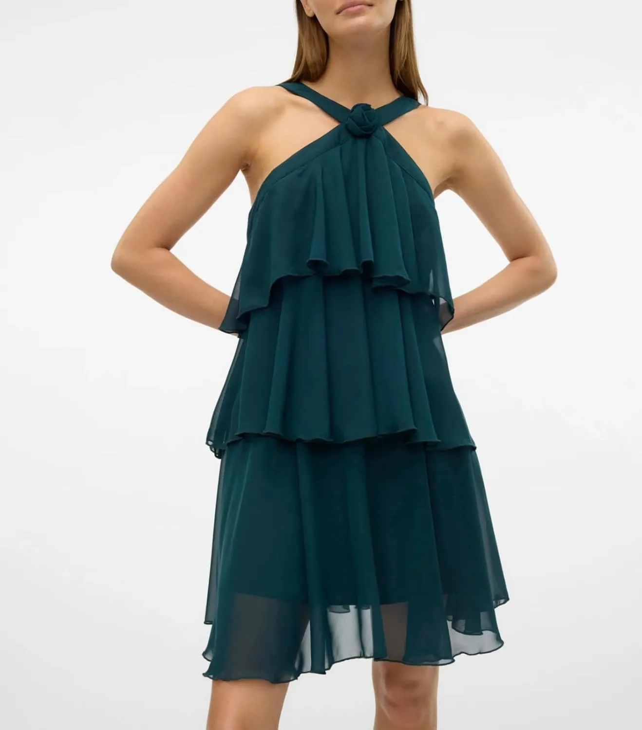 Women Y2K Ruffle Tiered Mini Dress Halter Layered Chiffon Short Dress Cute Smocked A Line Midi Dresses Beach