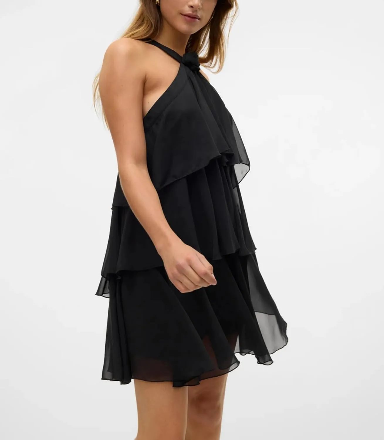 Women Y2K Ruffle Tiered Mini Dress Halter Layered Chiffon Short Dress Cute Smocked A Line Midi Dresses Beach
