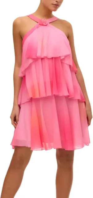 Women Y2K Ruffle Tiered Mini Dress Halter Layered Chiffon Short Dress Cute Smocked A Line Midi Dresses Beach
