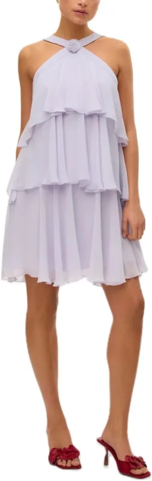 Women Y2K Ruffle Tiered Mini Dress Halter Layered Chiffon Short Dress Cute Smocked A Line Midi Dresses Beach