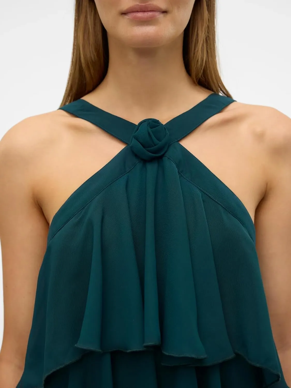 Women Y2K Ruffle Tiered Mini Dress Halter Layered Chiffon Short Dress Cute Smocked A Line Midi Dresses Beach
