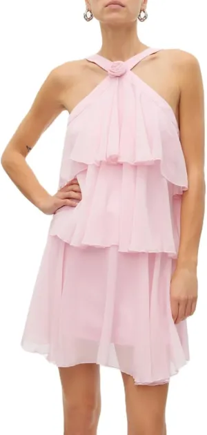 Women Y2K Ruffle Tiered Mini Dress Halter Layered Chiffon Short Dress Cute Smocked A Line Midi Dresses Beach