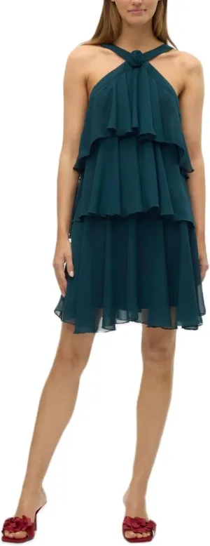 Women Y2K Ruffle Tiered Mini Dress Halter Layered Chiffon Short Dress Cute Smocked A Line Midi Dresses Beach
