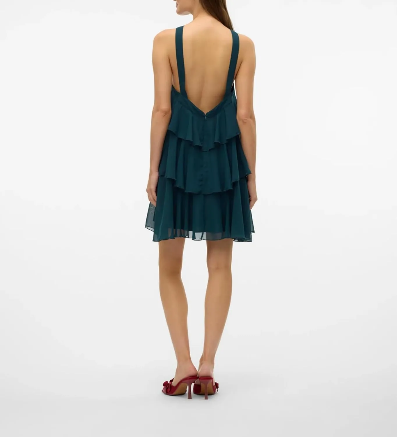 Women Y2K Ruffle Tiered Mini Dress Halter Layered Chiffon Short Dress Cute Smocked A Line Midi Dresses Beach