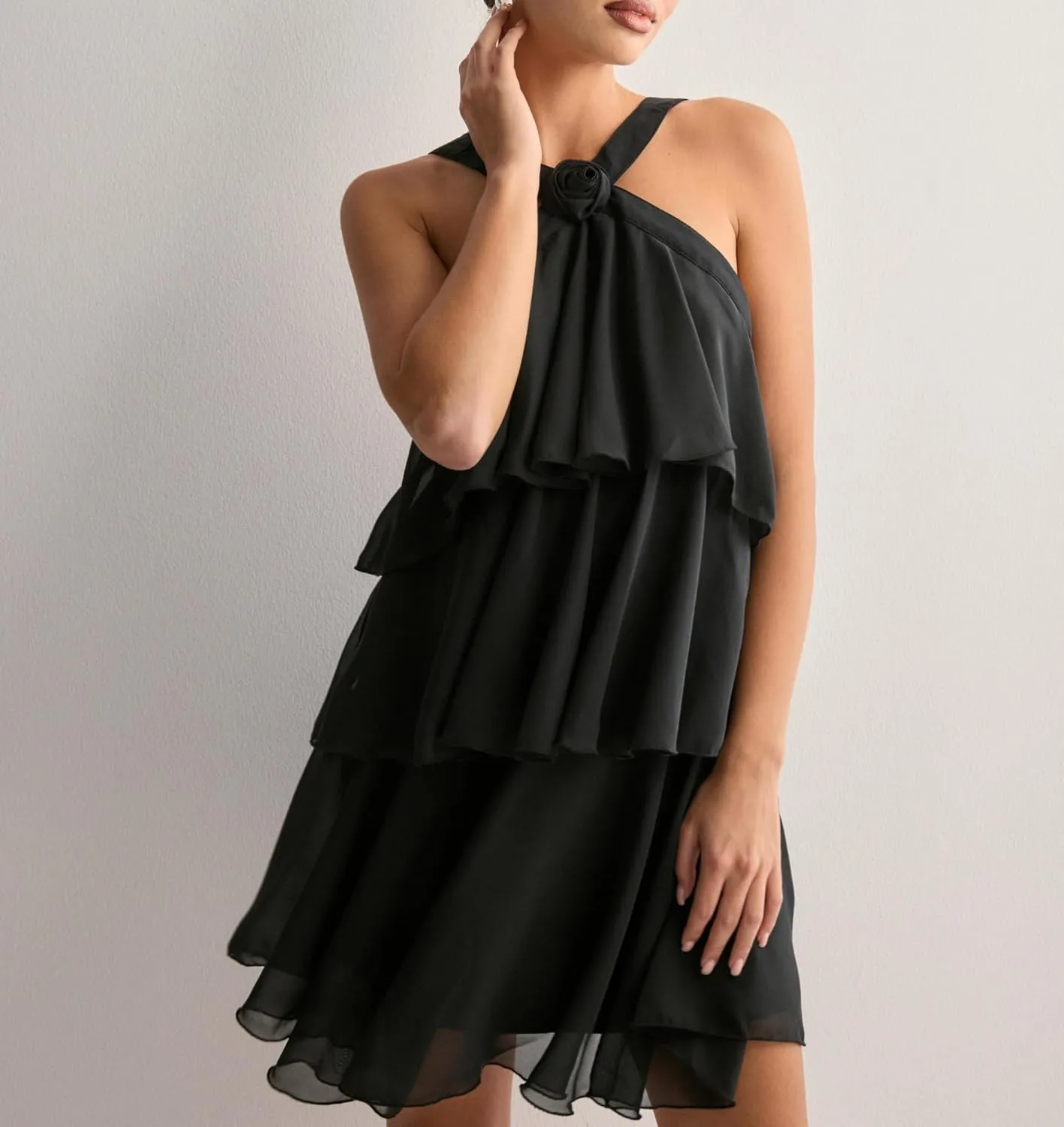 Women Y2K Ruffle Tiered Mini Dress Halter Layered Chiffon Short Dress Cute Smocked A Line Midi Dresses Beach