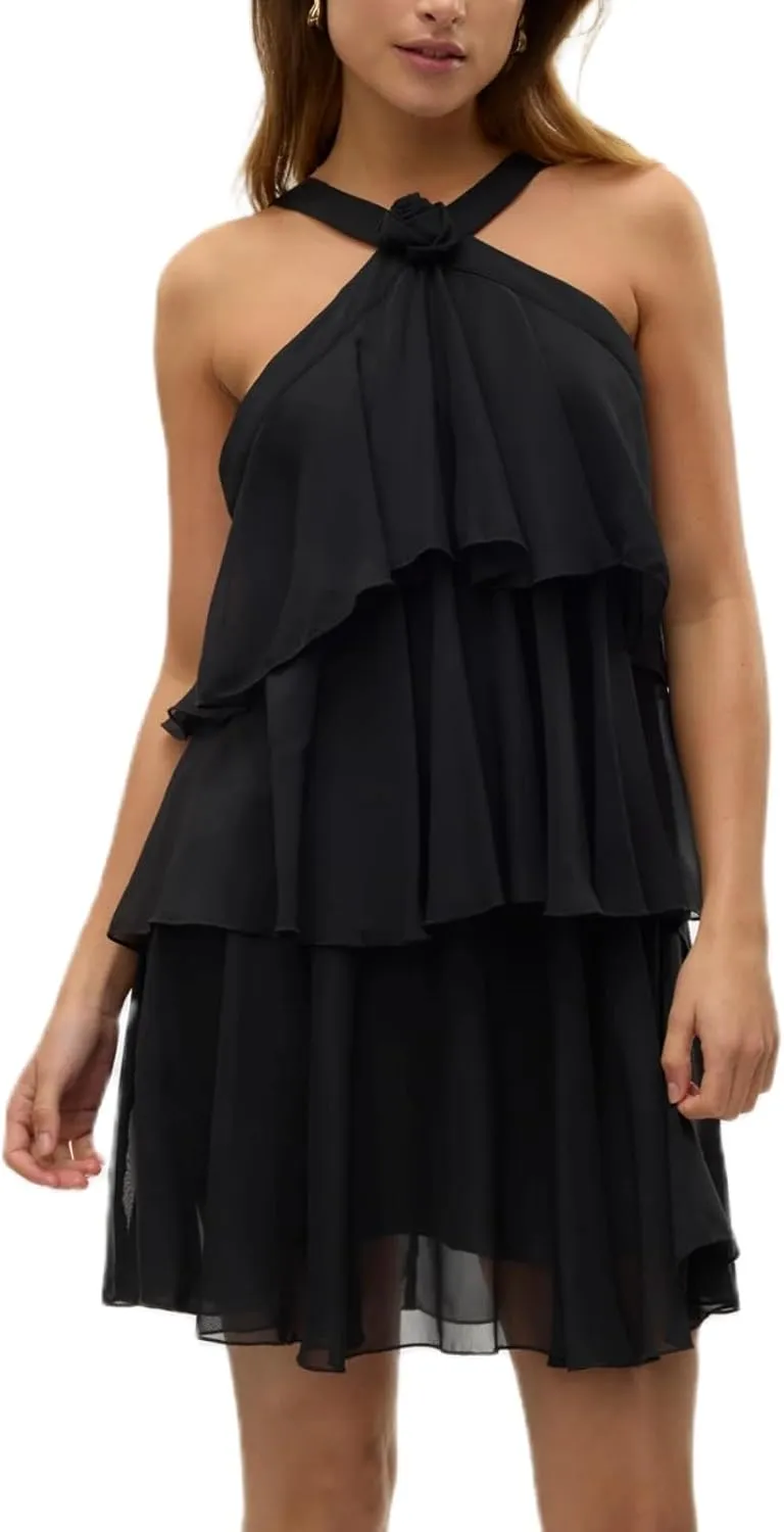 Women Y2K Ruffle Tiered Mini Dress Halter Layered Chiffon Short Dress Cute Smocked A Line Midi Dresses Beach