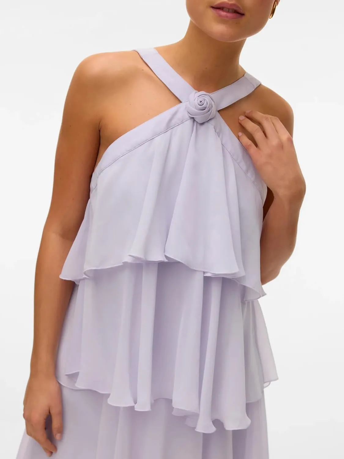 Women Y2K Ruffle Tiered Mini Dress Halter Layered Chiffon Short Dress Cute Smocked A Line Midi Dresses Beach