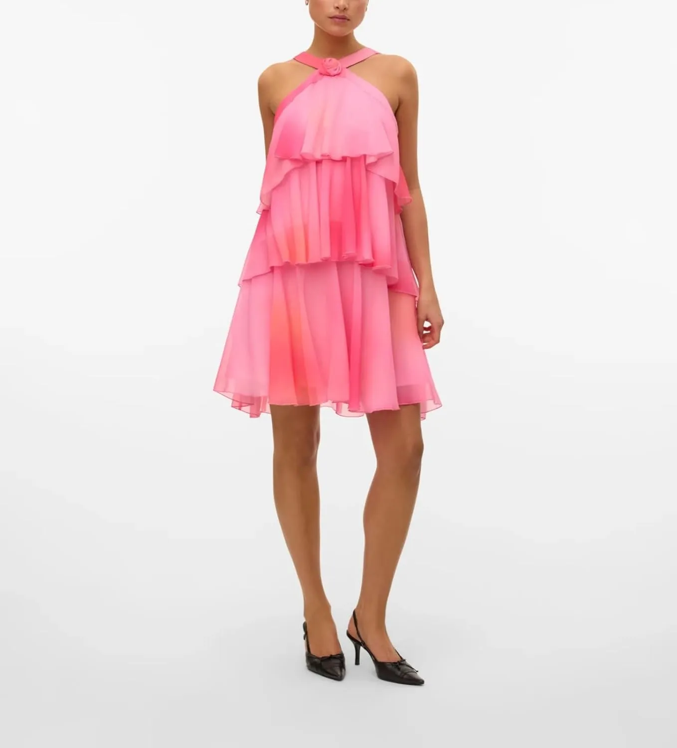 Women Y2K Ruffle Tiered Mini Dress Halter Layered Chiffon Short Dress Cute Smocked A Line Midi Dresses Beach