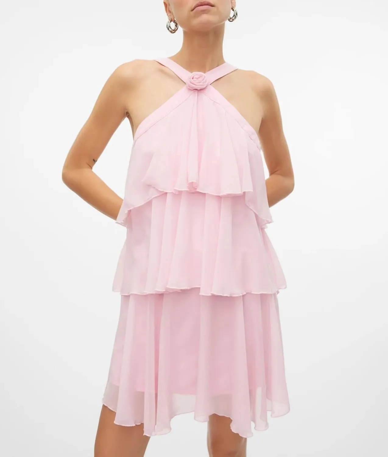 Women Y2K Ruffle Tiered Mini Dress Halter Layered Chiffon Short Dress Cute Smocked A Line Midi Dresses Beach