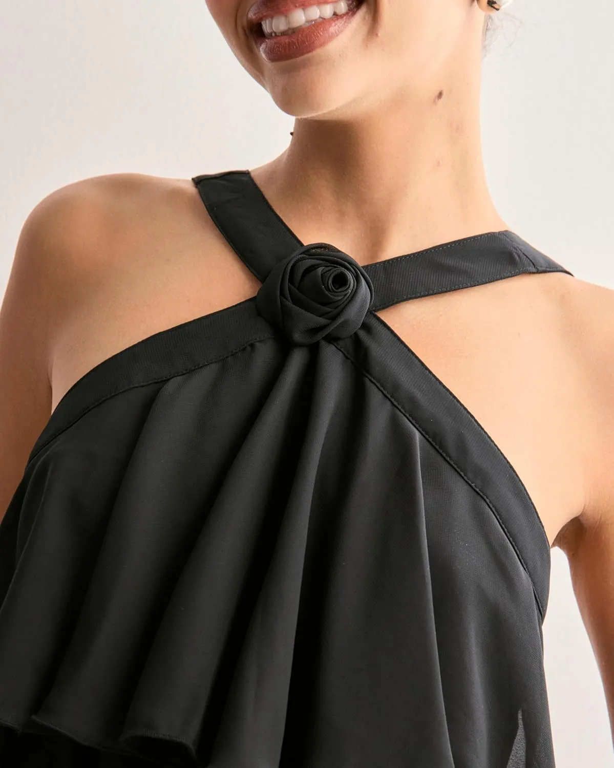 Women Y2K Ruffle Tiered Mini Dress Halter Layered Chiffon Short Dress Cute Smocked A Line Midi Dresses Beach