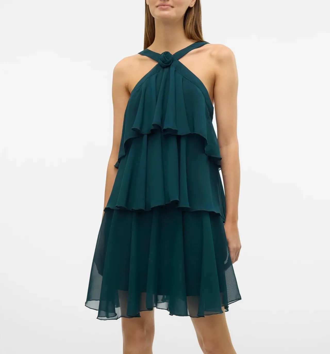 Women Y2K Ruffle Tiered Mini Dress Halter Layered Chiffon Short Dress Cute Smocked A Line Midi Dresses Beach