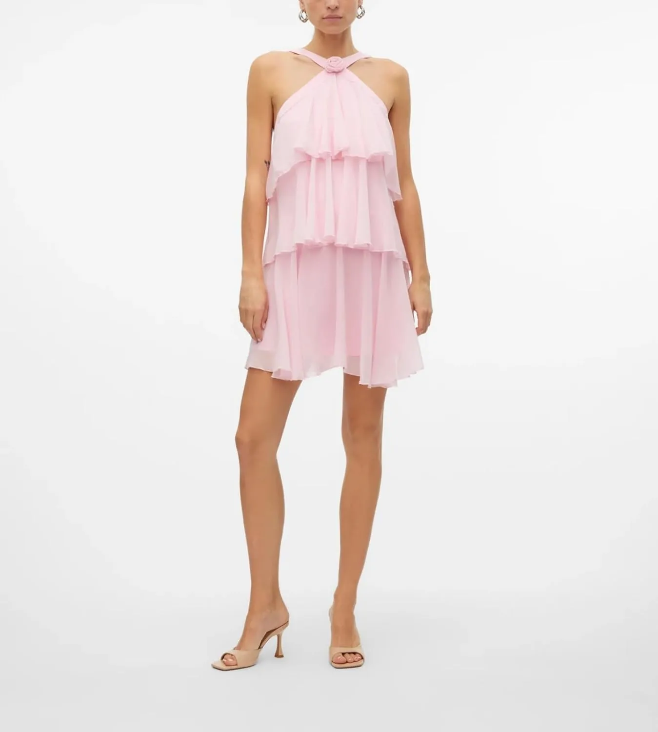 Women Y2K Ruffle Tiered Mini Dress Halter Layered Chiffon Short Dress Cute Smocked A Line Midi Dresses Beach