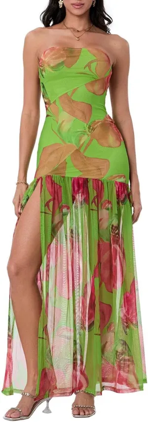 Women Y2k Strapless Maxi Dress Floral Print Tube Long Dress Boho Beach Sundress Going Out Streetwear