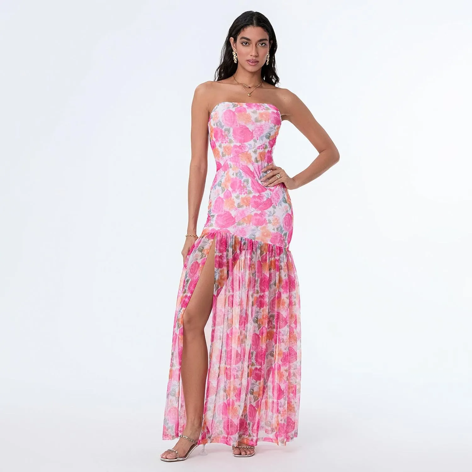 Women Y2k Strapless Maxi Dress Floral Print Tube Long Dress Boho Beach Sundress Going Out Streetwear