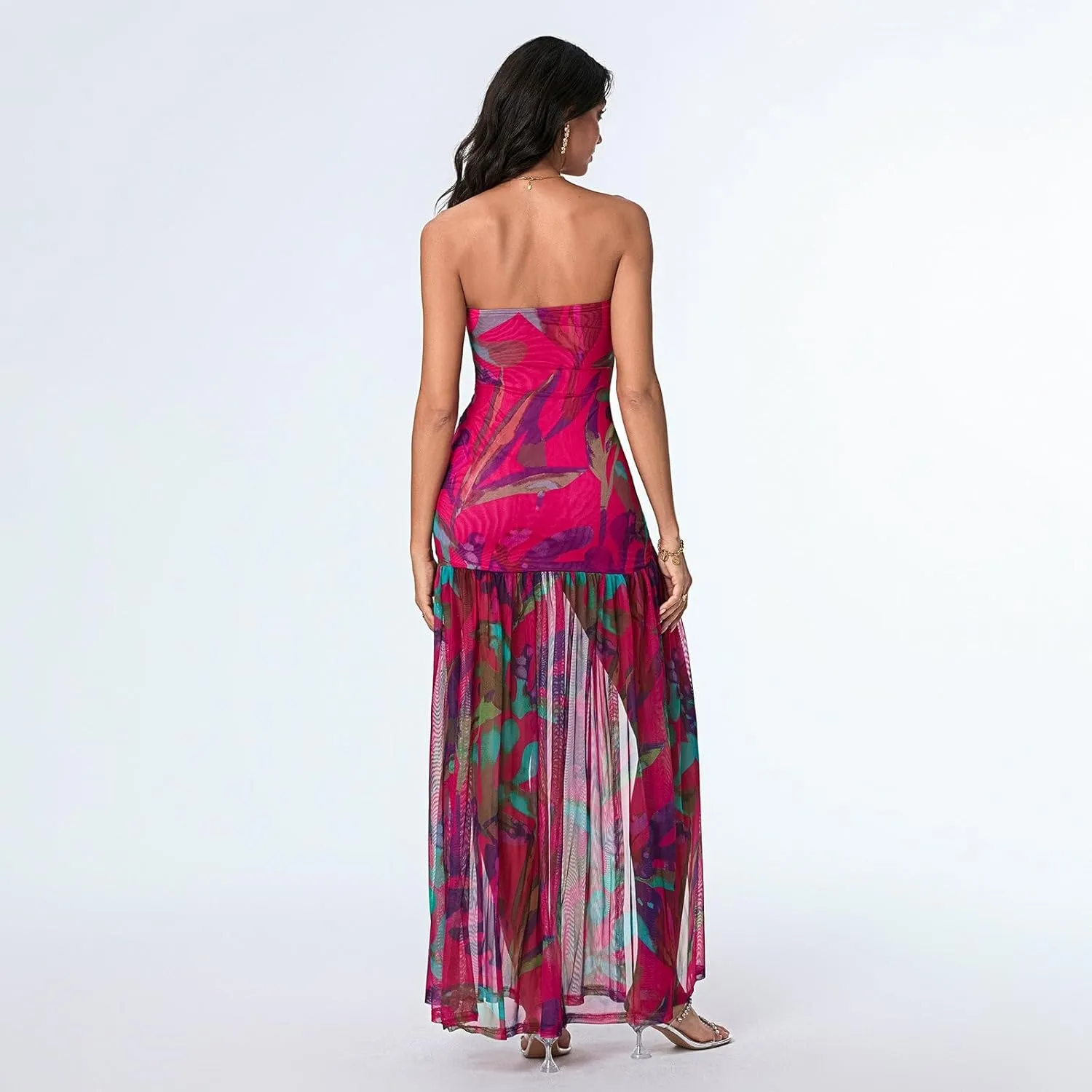 Women Y2k Strapless Maxi Dress Floral Print Tube Long Dress Boho Beach Sundress Going Out Streetwear