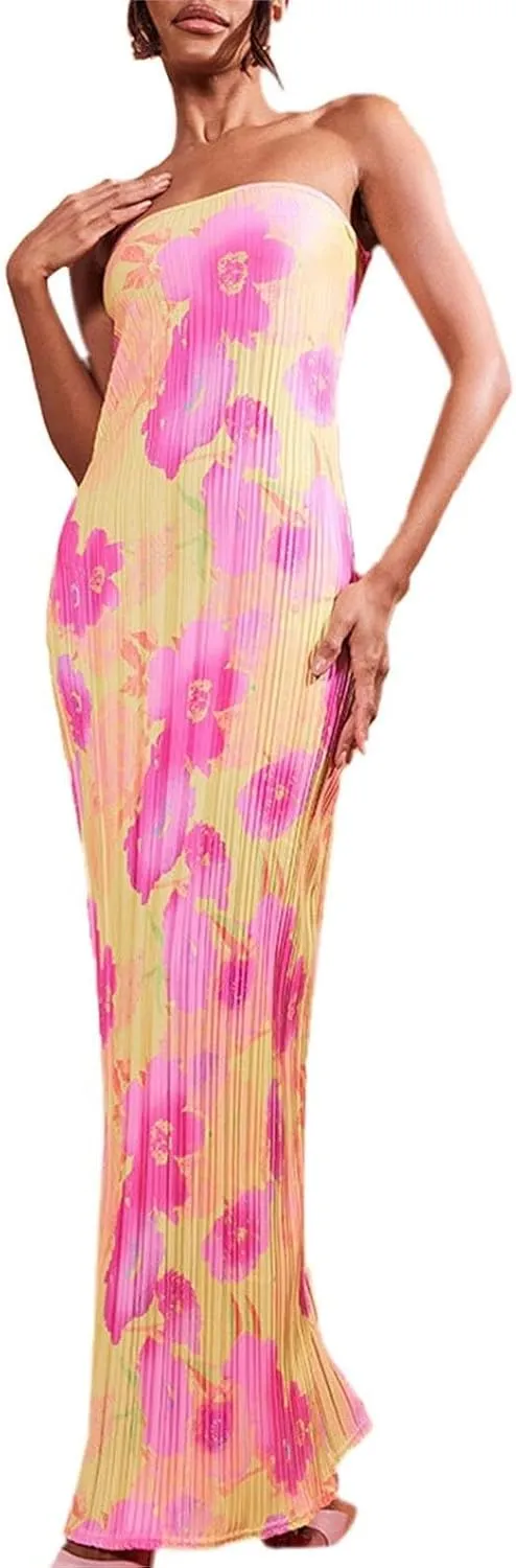 Women Y2k Strapless Maxi Dress Floral Print Tube Long Dress Boho Beach Sundress Going Out Streetwear