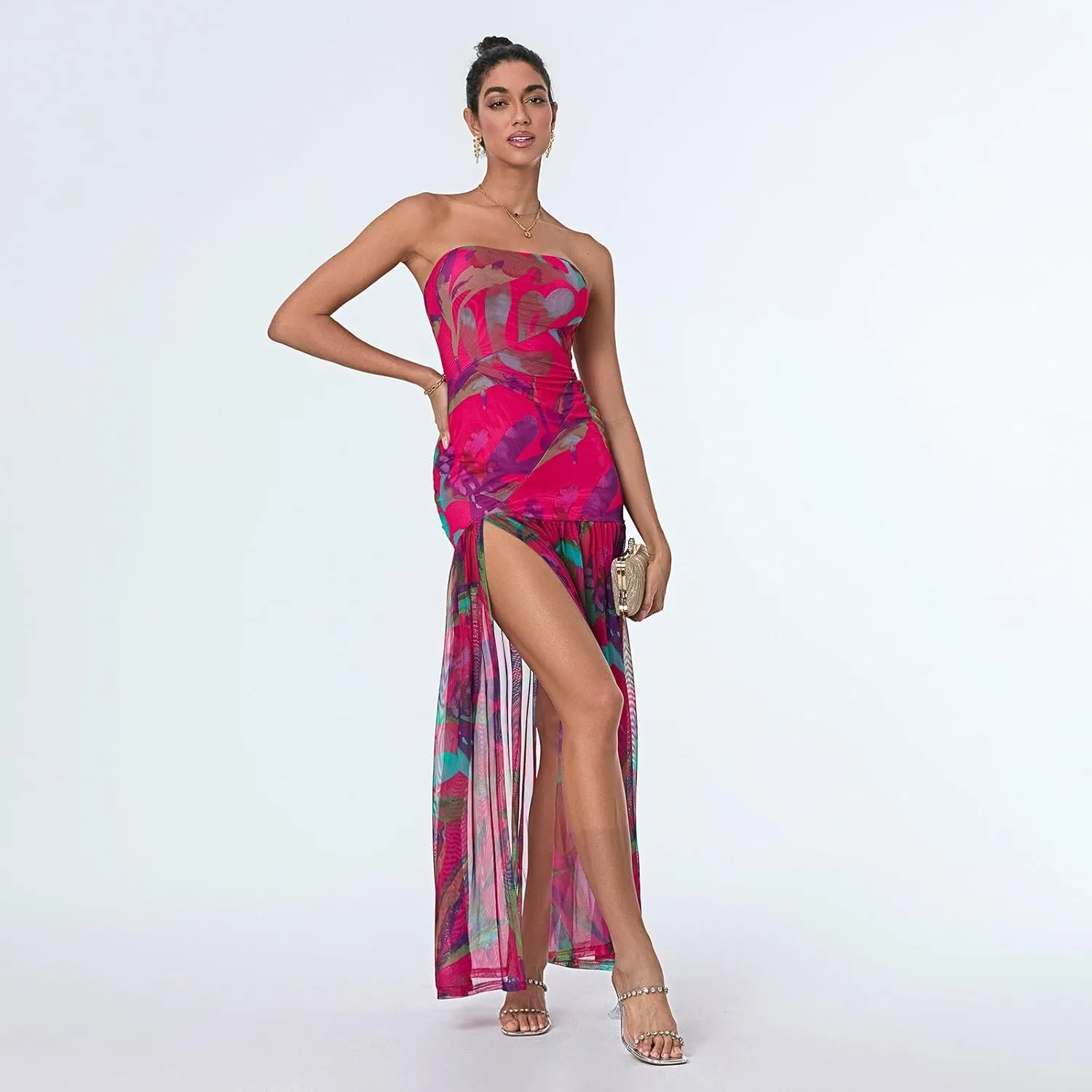 Women Y2k Strapless Maxi Dress Floral Print Tube Long Dress Boho Beach Sundress Going Out Streetwear